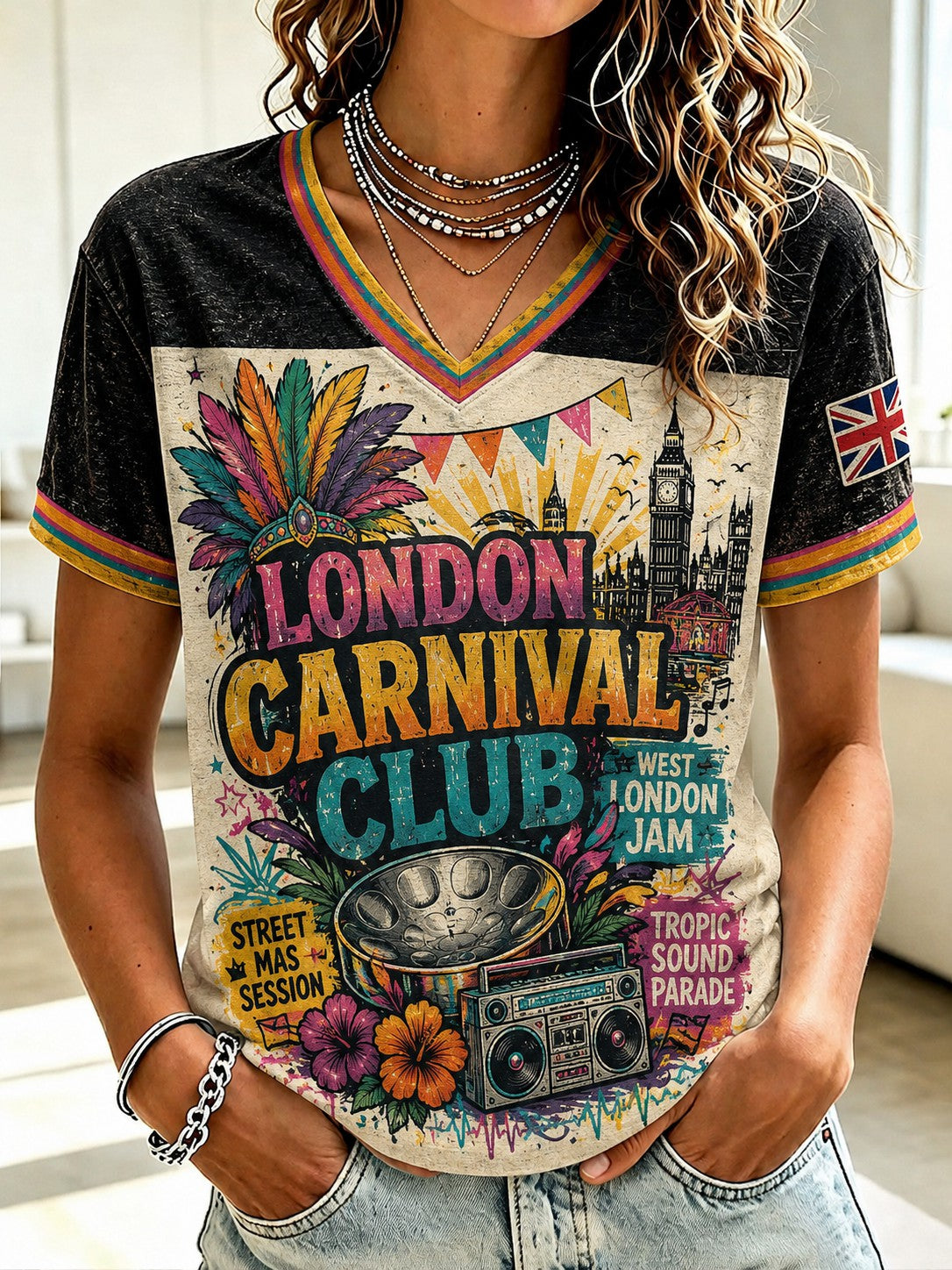 Women's Caribbean London Festival Notting Hill Carnival Printed V-neck T-shirt
