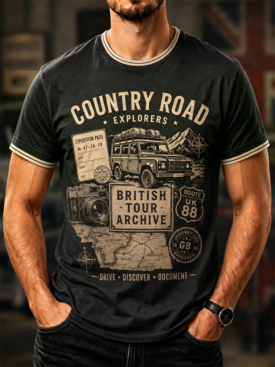 Men's Retro Car Culture Print Casual Tee