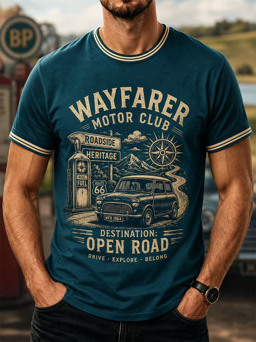 Men's Retro Car Culture Print Casual Tee