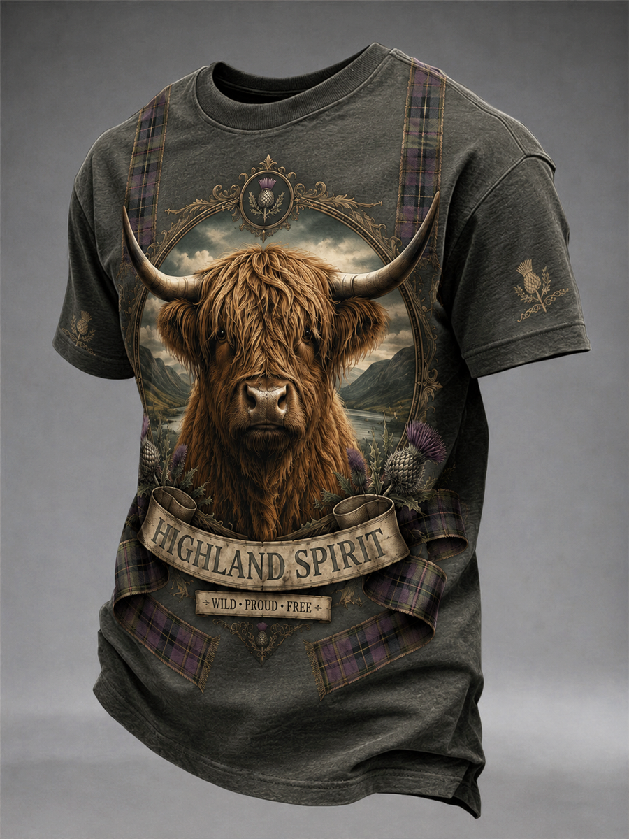 Men's Scottish Highland cow print short sleeves t-shirt