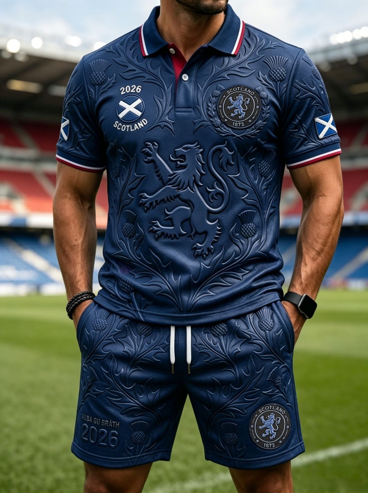Men's Retro UK Scotland Football Lover 2026 Print Casual Polo & Shorts Set
