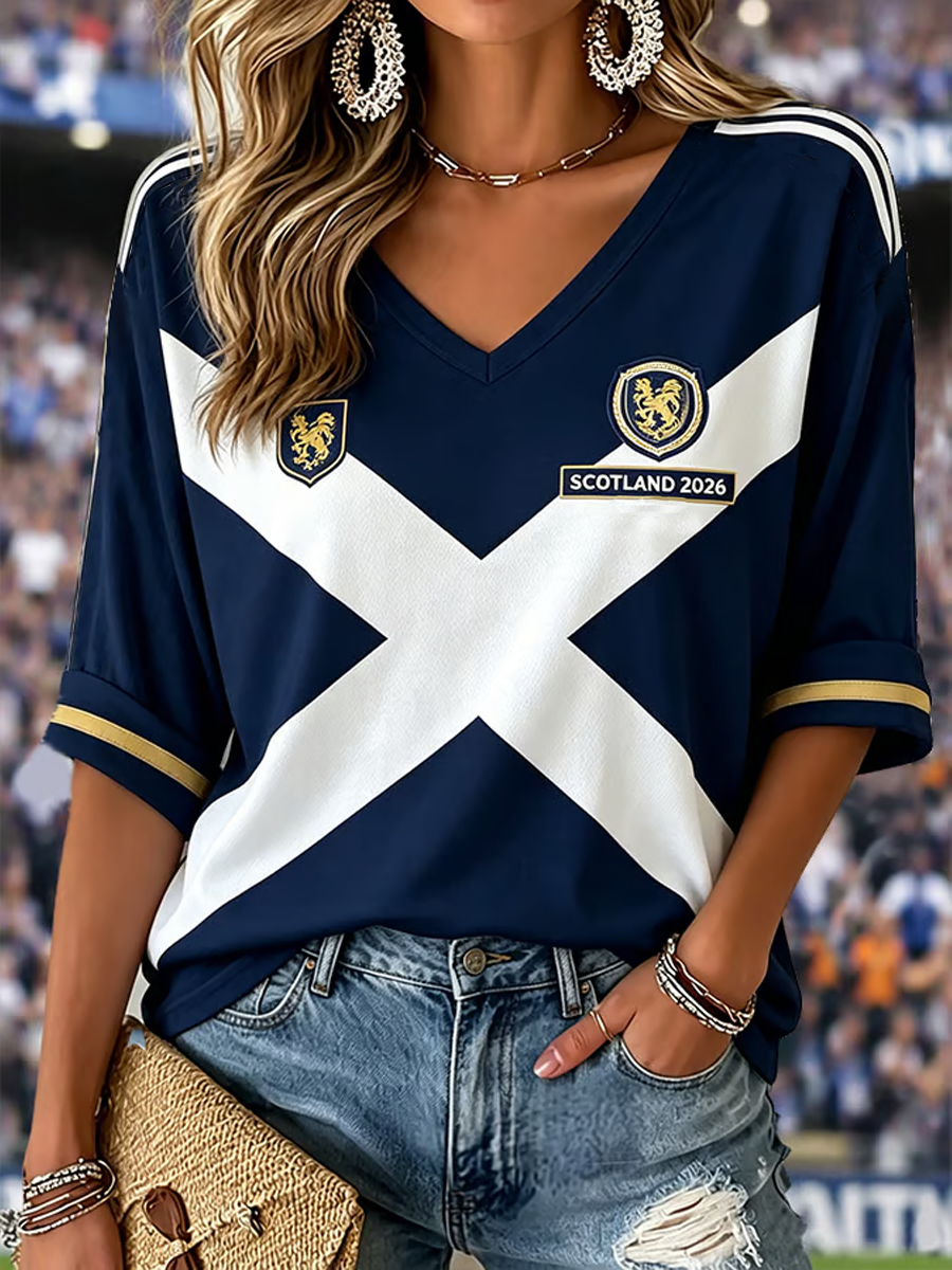 Women's Scotland Printed Mid-length Sleeves V-Neck T-Shirt