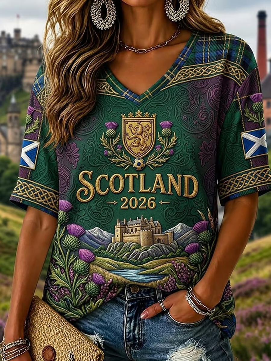 Women's Scotland Printed Mid-length Sleeves V-Neck T-Shirt