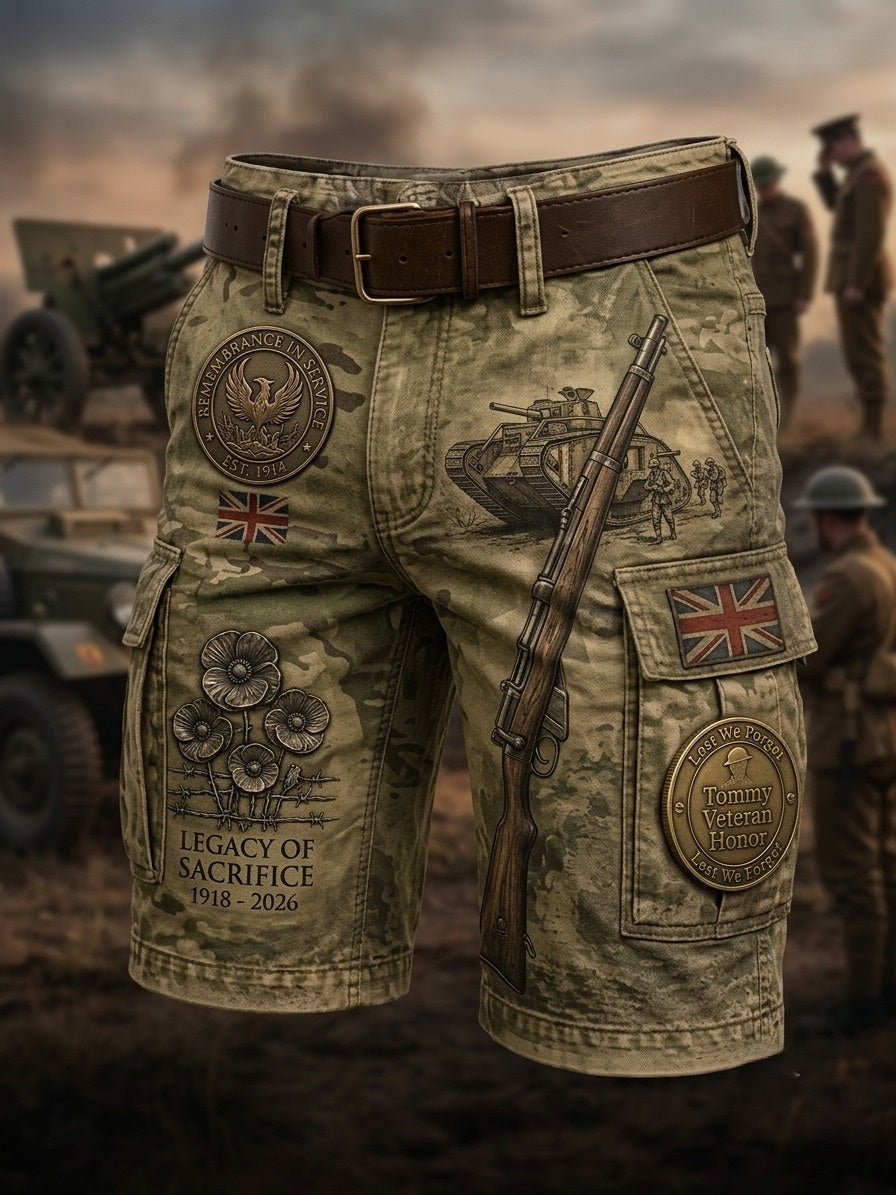 Men's Vintage Military-Style Print Cropped Cargo Pants