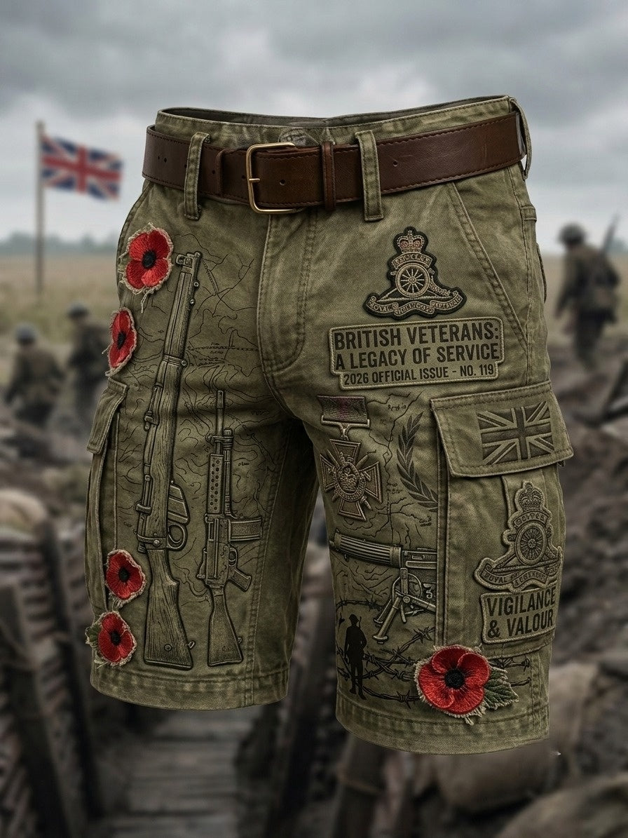 Men's Vintage Military-Style Print Cropped Cargo Pants