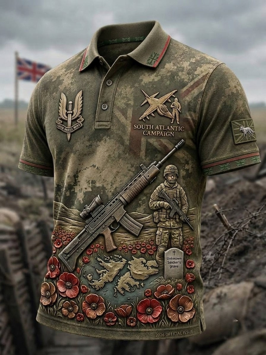Men's Vintage Military-Style Graphic Short-Sleeve Polo Shirt