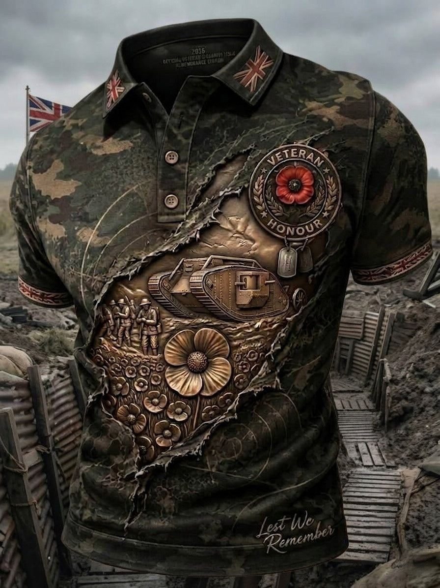 Men's Vintage Military-Style Graphic Short-Sleeve Polo Shirt