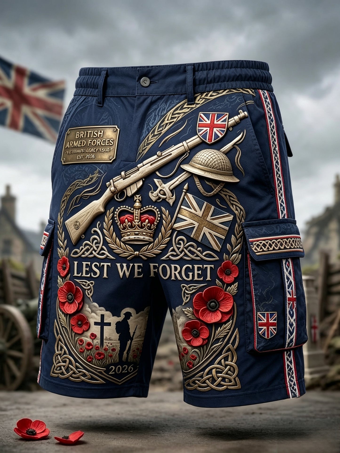 Men's British Veteran Print Cargo Shorts