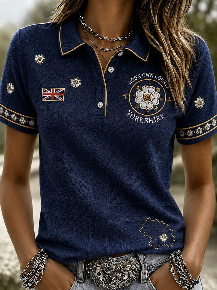 Women's Yorkshire Day White Roses Art Printed polo T-shirt