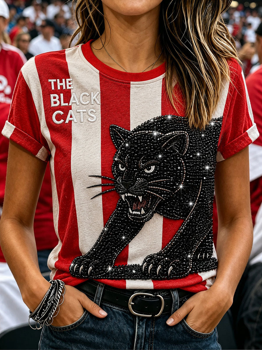 Women's England Football Lover Black Cats Art Printed T-shirt