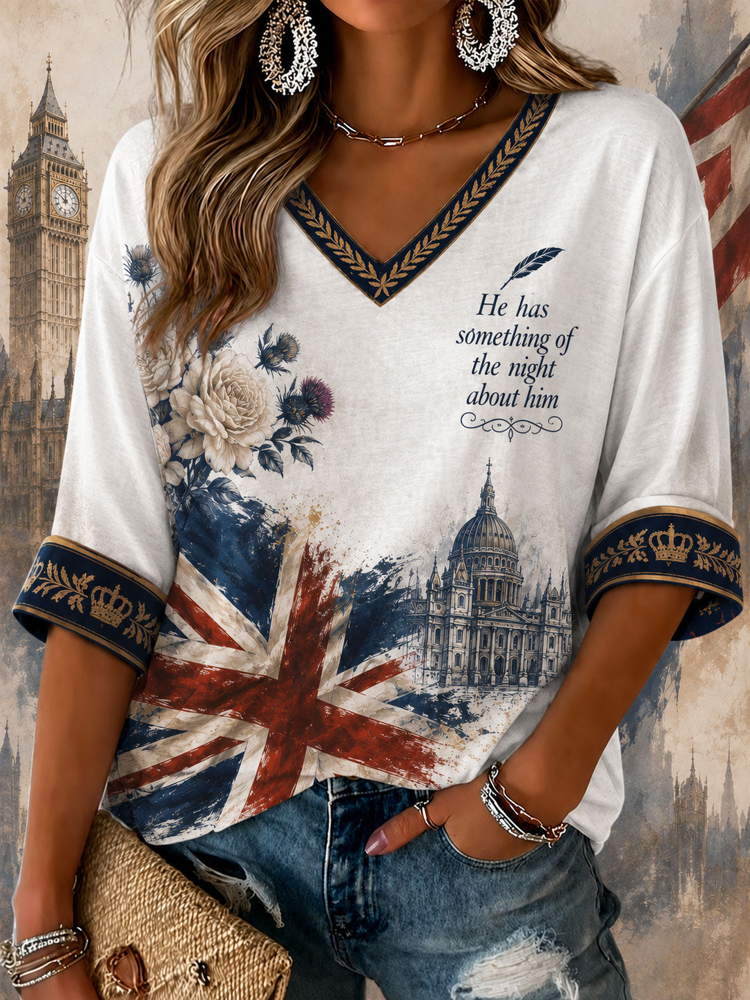 Women's 'He has something of the night about him' V-neck T-shirts