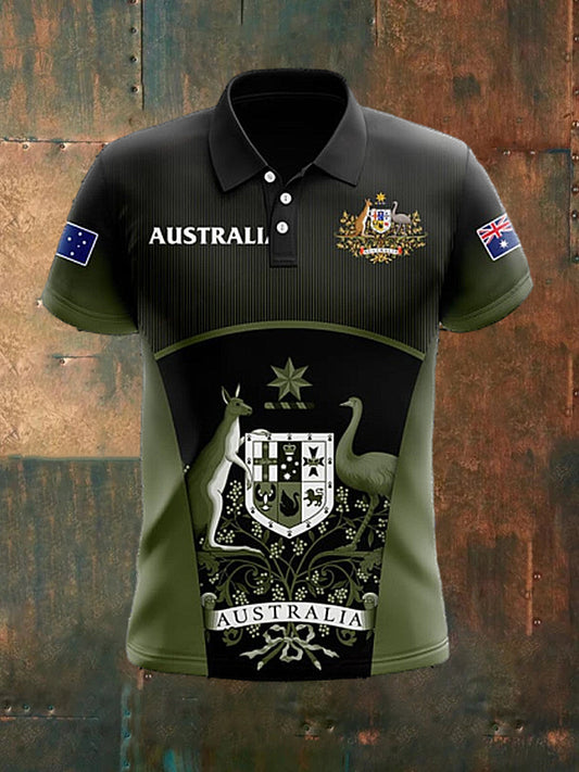 Men's  Vintage Australian Flag Kangaroo Patchwork Printed Casual Cotton Short Sleeve Polo Shirt