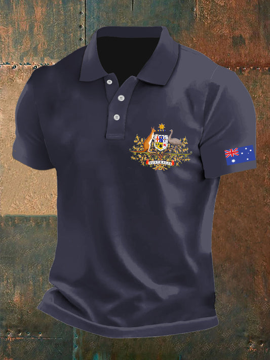 Men's  Vintage Australian Flag Crest Printed Casual Cotton Short Sleeve Polo Shirt