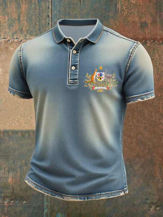 Men's  Vintage Australian Kangaroo and Emu Flag  Printed Casual Cotton Short Sleeve Polo Shirt
