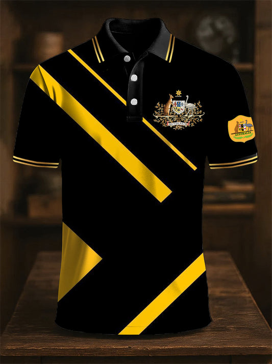 Men's Striped Australian Kangaroo and Emu Emblem Print Casual Cotton Polo Shirt