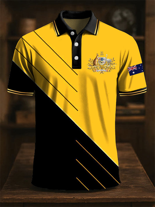 Men's Striped Australian Kangaroo and Emu Emblem Print Casual Cotton Polo Shirt
