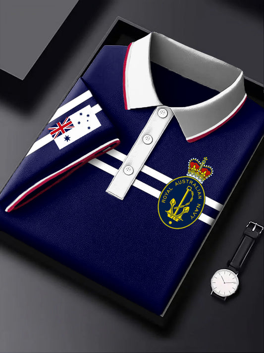 Men's Vintage Australian Striped Navy Emblem Printed Business Daily Short Sleeve Polo Shirt