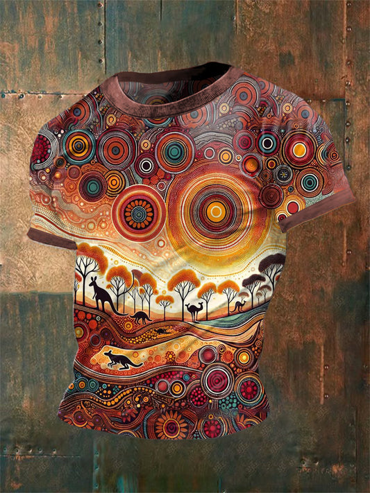 Unisex Vintage Australian Aboriginal Colourful Dot Art Kangaroo Abstract Print Casual Cotton Short Sleeve T-Shirt