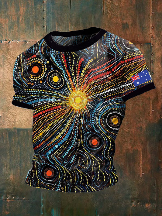 Unisex Vintage Australian Aboriginal Inspired Dot Art Colourful Abstract Print Casual Cotton Short Sleeve T-Shirt