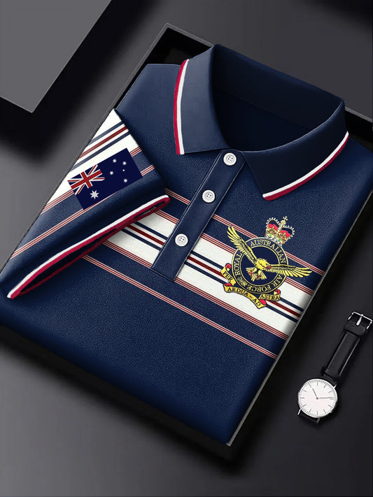 Men's Australia Flag Emblem Stripe Printed Casual Business Polo Shirt