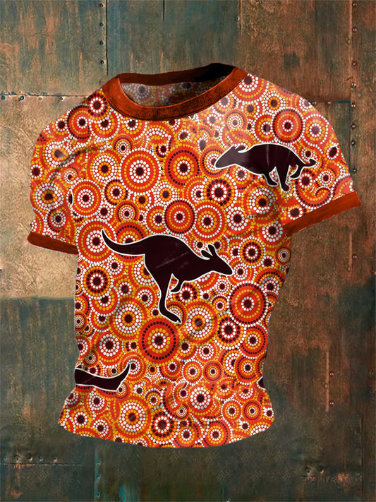 Unisex Vintage Australian Aboriginal Colourful Dot Art Kangaroo Abstract Print Casual Cotton Short Sleeve T-Shirt
