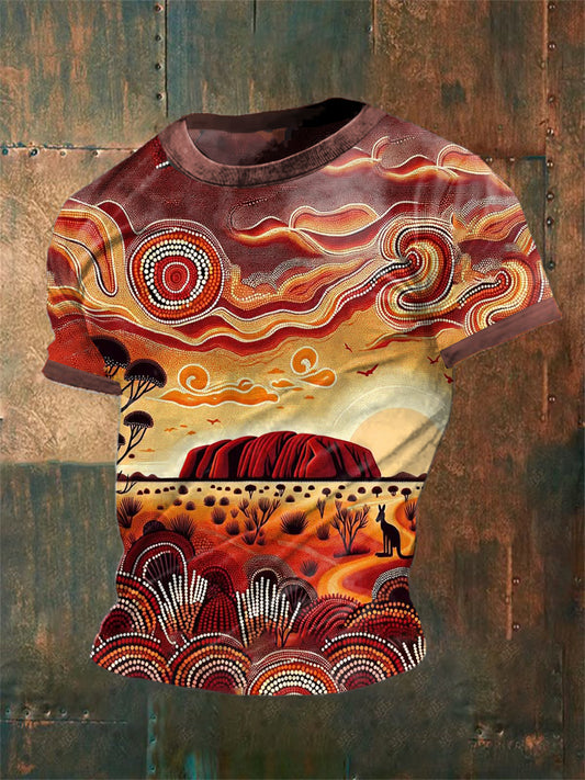 Unisex Vintage Australian Uluru Sunset  Aboriginal Dot Art Print Casual Cotton Short Sleeve T-Shirt