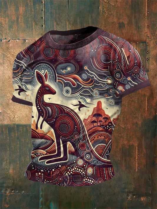 Men's Vintage Australian Dot Painting Kangaroo Abstract Print Casual Cotton Short Sleeve T-Shirt