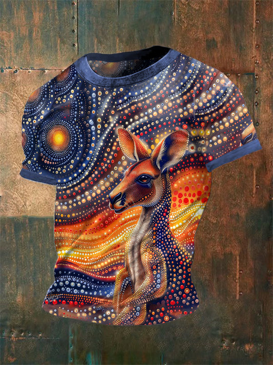 Men's Vintage Australian Dot Painting Kangaroo Colourful Sunrise Abstract Print Casual Cotton Short Sleeve T-Shirt