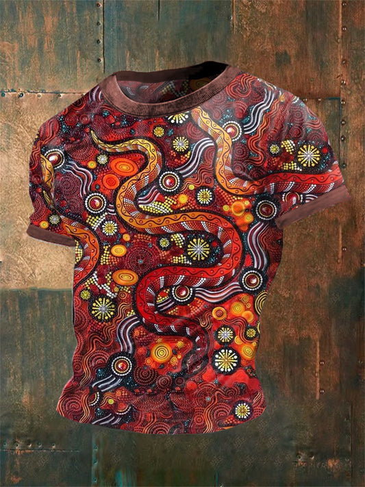 Men's Vintage Australian Dot Painting Snake Colourful Abstract Print Casual Cotton Short Sleeve T-Shirt