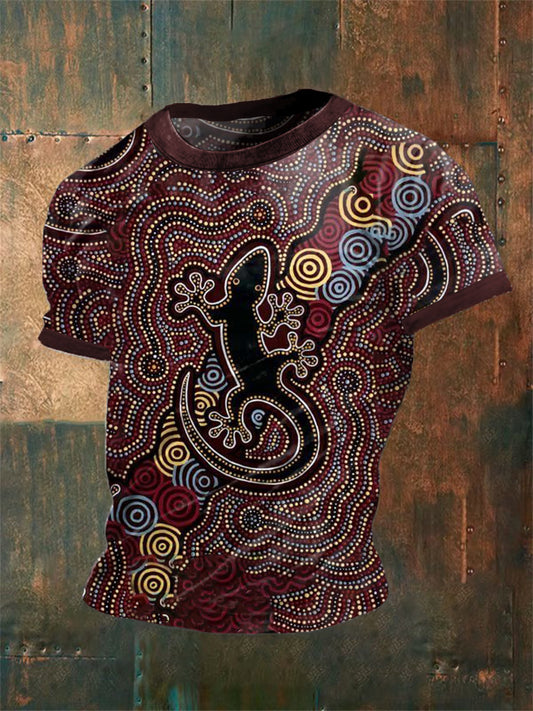 Men's Vintage Australian Dot Painting Gecko Abstract Print Casual Cotton Short Sleeve T-Shirt