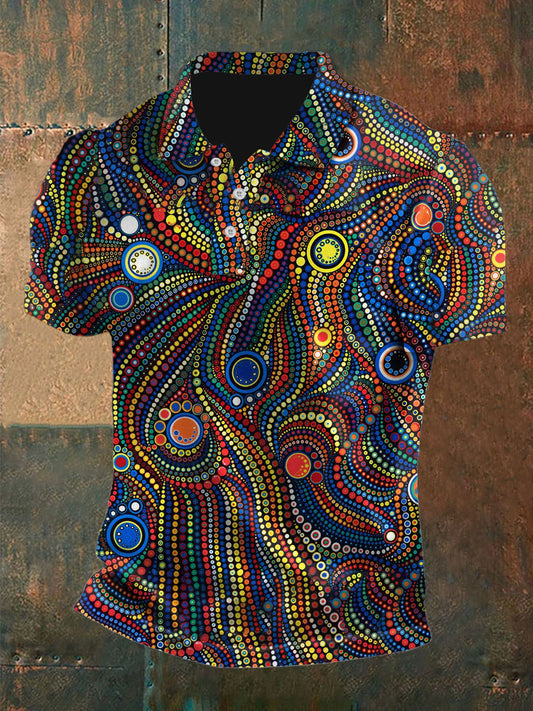 Men's   Vintage Australian Dot Painting Colourful Printed Casual Cotton Short Sleeve Polo Shirt