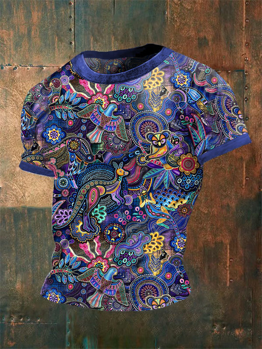Men's Vintage Australian Dot Painting Kangaroo Animal Quilt Abstract Print Casual Cotton Short Sleeve T-Shirt