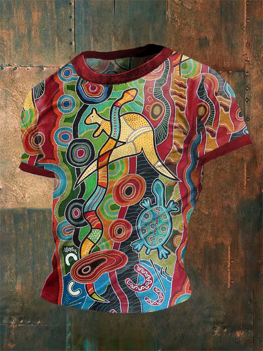 Unisex  Vintage Australian Kangaroo Snake Turtle Dots Colourful Art Painting Abstract Print Casual Cotton Short Sleeve T-Shirt