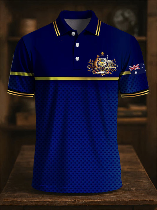 Men's Australia Flag Kangaroo Emblem Line Print Casual Business Polo Shirt