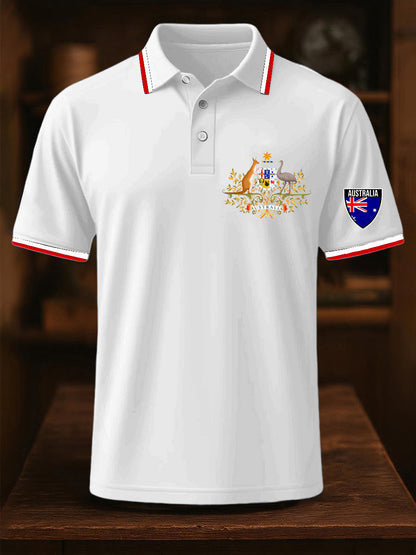 Men's  Vintage Australian Flag Printed Casual Cotton Short Sleeve Polo Shirt
