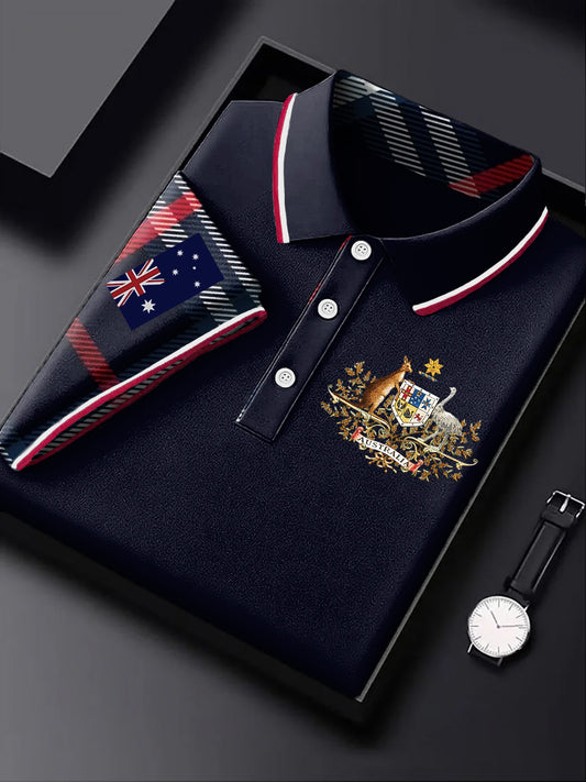 Men's Australia Kangaroo Emblem Check Printed Casual Business Short Sleeve Polo Shirt