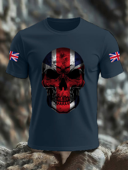 Men's UK Flag Skull Print Casual Tee