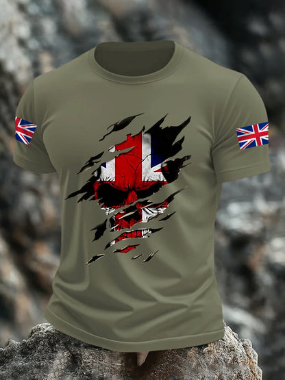 Men's UK Flag Skull Print Casual Tee