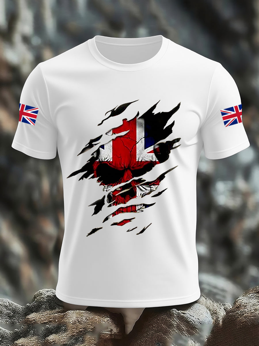Men's UK Flag Skull Print Casual Tee