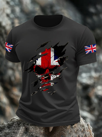 Men's UK Flag Skull Print Casual Tee