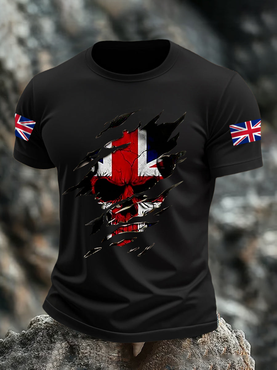 Men's UK Flag Skull Print Casual Tee