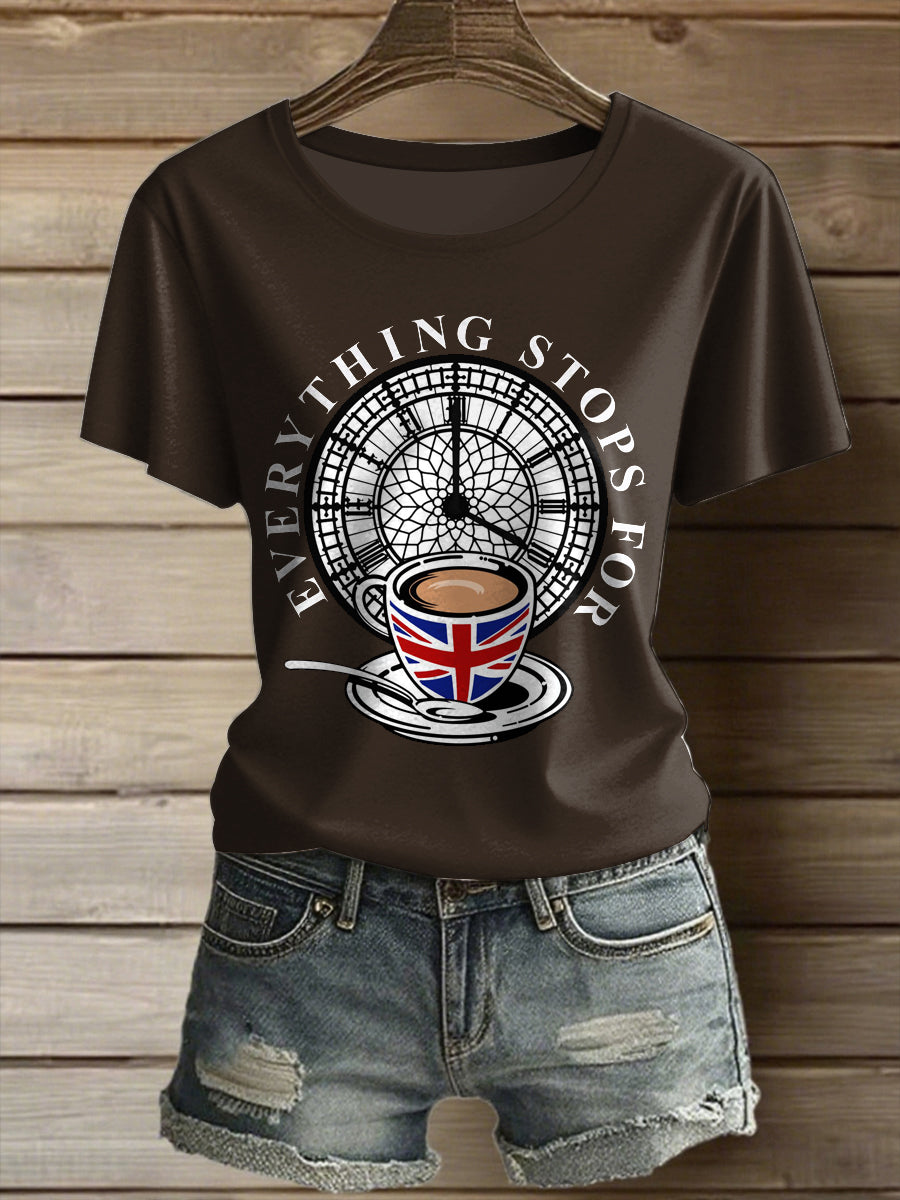 British Teacup Printed Vintage Fashion Loose Short Sleeve T-Shirt