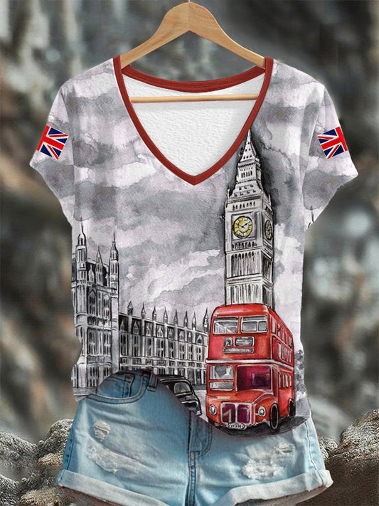 Women's British streets V-neck T-shirt