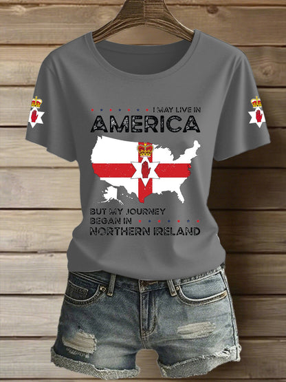 Women's Northern Ireland Map Printed Vintage Fashion Loose Short Sleeve T-Shirt