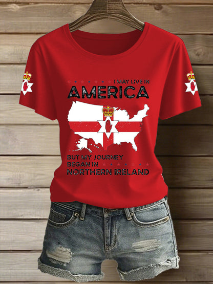 Women's Northern Ireland Map Printed Vintage Fashion Loose Short Sleeve T-Shirt