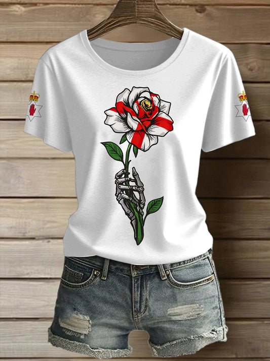 Women's Northern Ireland Rose Printed Vintage Fashion Loose Short Sleeve T-Shirt