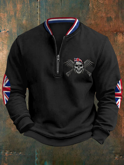 Men's UK Flag Skull Veteran Print Casual Sweatshirt