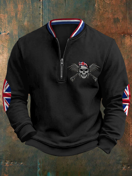 Men's UK Flag Skull Veteran Print Casual Sweatshirt