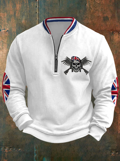 Men's UK Flag Skull Veteran Print Casual Sweatshirt