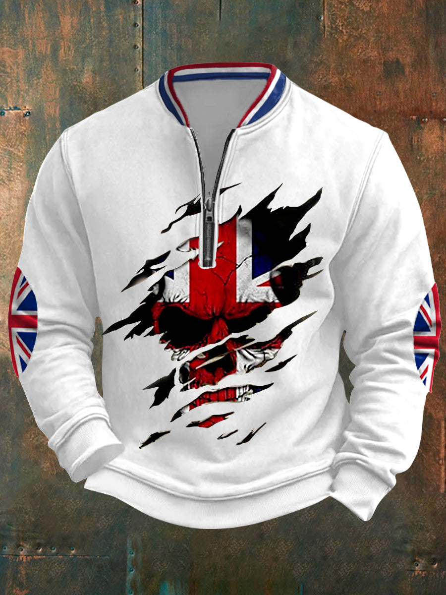 Men's UK Flag Skull Print Casual Sweatshirt